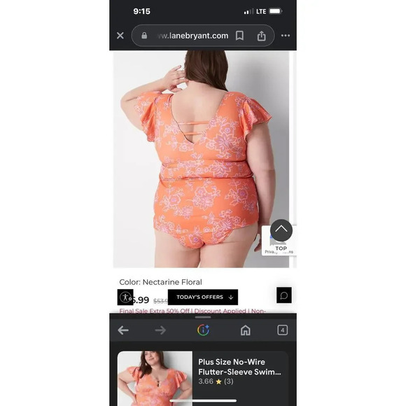 Swim by Cacique, 24, nectarine floral No closure, pull-on sewn in cups tankini￼ - Picture 4 of 11